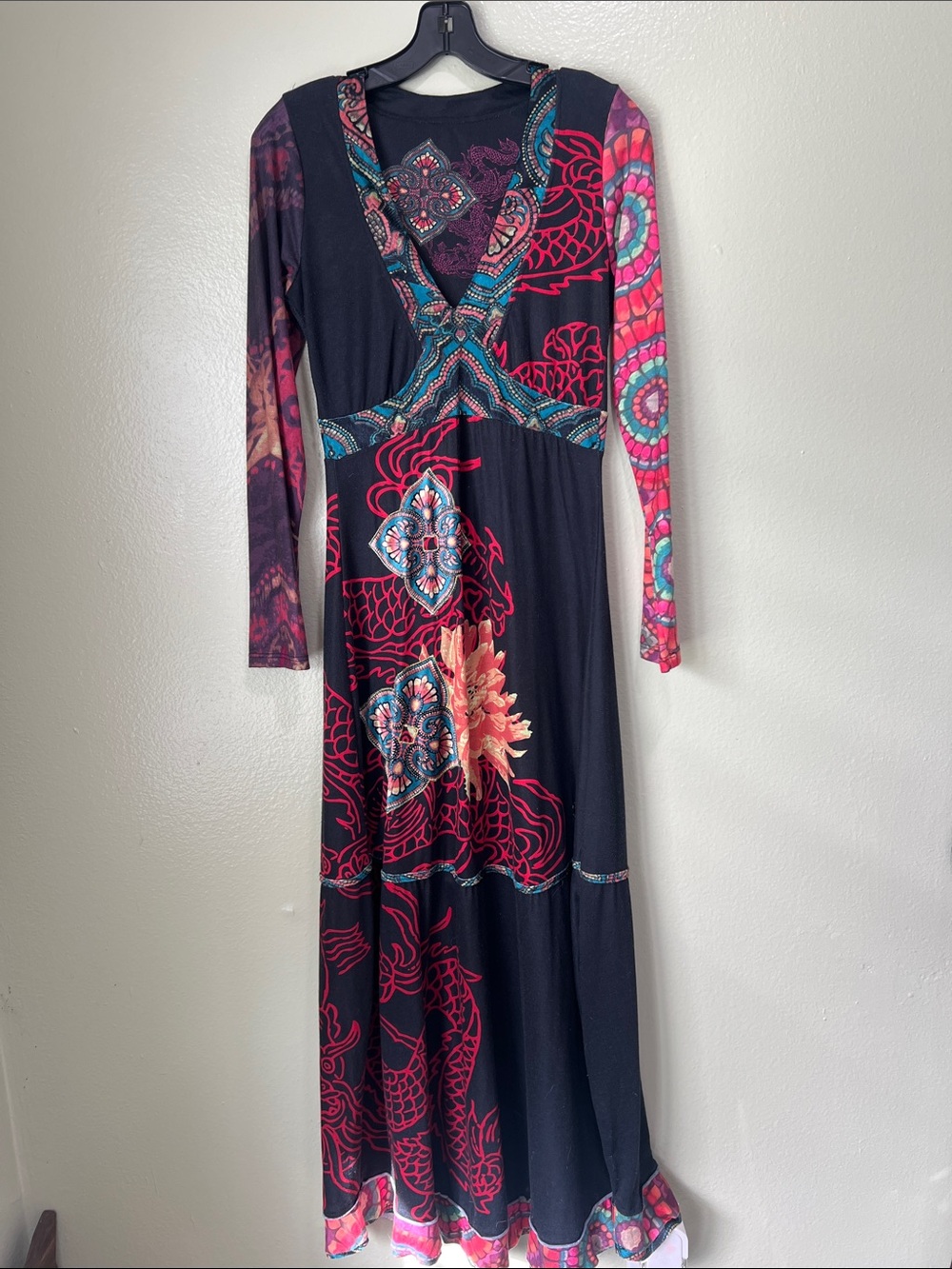 Desigual Black Maxi Dress with Pink, Teal & Coral Prints